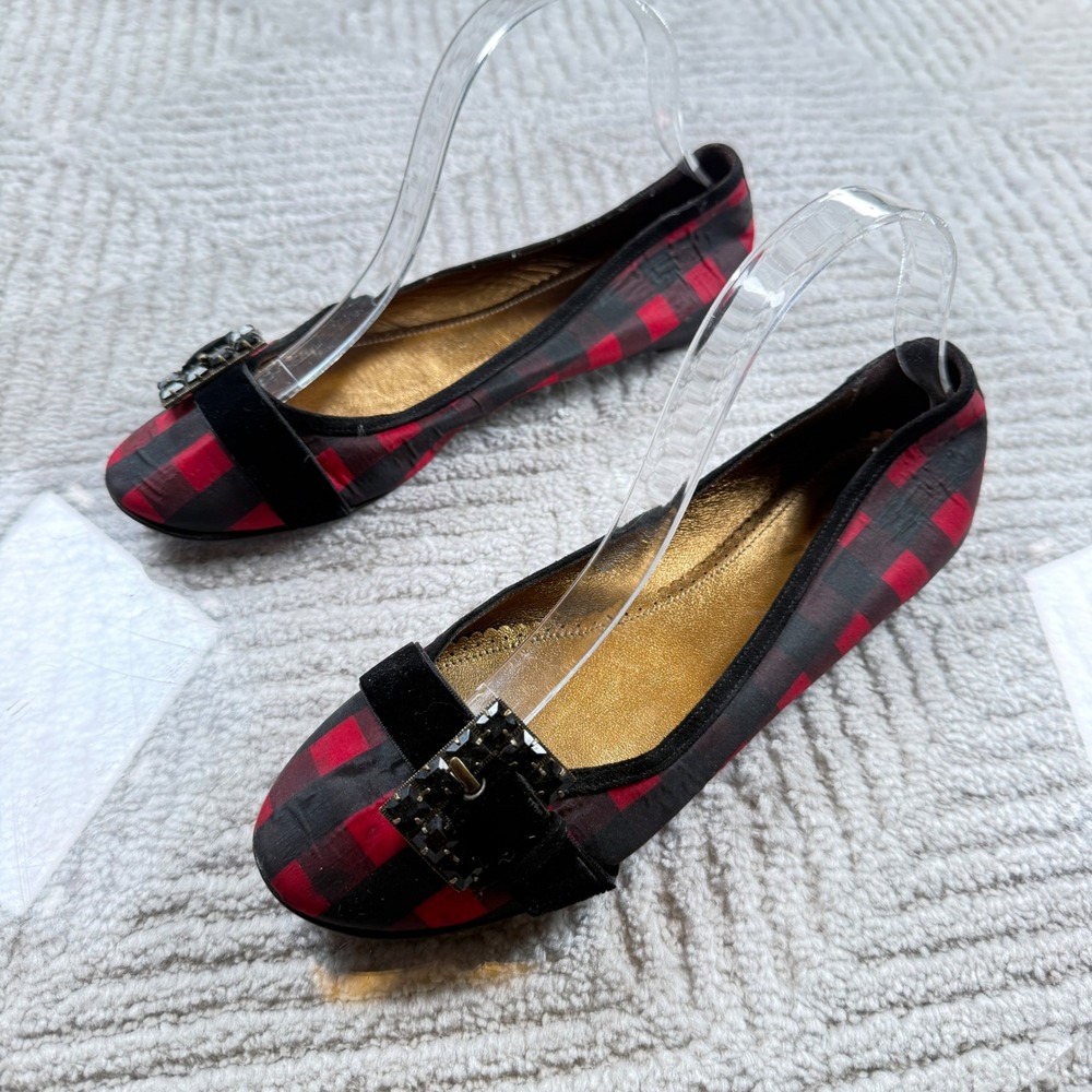 J Crew Collection Ballet Flats Womens 7.5 Red Black Buffalo Plaid Gingham Preppy